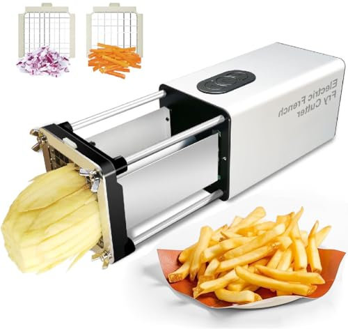 GAYAYAS Electric French Fry Cutter, Vertical French Fry Cutter Stainless Steel, Automatic Potato Cutter Machine with 1/2 & 3/8 Inch Stainless Steel Blades for Cucumbers, Carrots,Silver