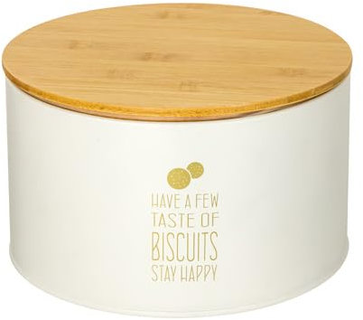 Baroni Home Biscottiera in Metallo con Coperchio in Legno Ermetico, Contenitore per Biscotti, Porta Biscotti, Accessori da Cucina Linea Happy, 21x21x12 cm, Biscottiera