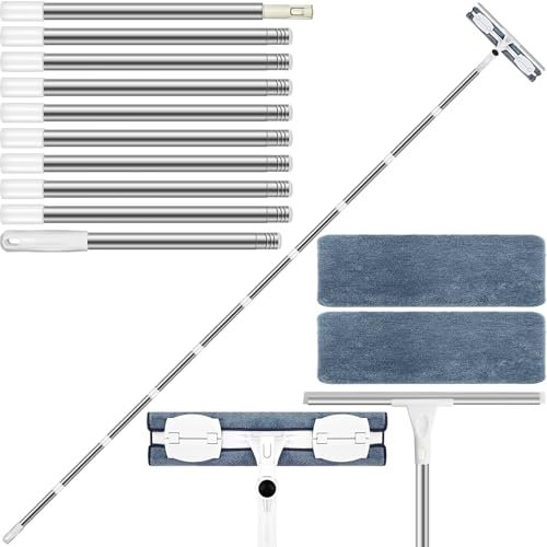 Teleskop Fensterwischer 388 cm, Professioneller Fensterputzer Set, 2 In 1 Teleskopstange Fensterreinigung mit 39 cm Squeegee und 39cm Mikrofasertuch für Hohe Fenster Im Innen und AußEnbereic