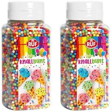 RUF Knallbunte Knusper-Kugeln, essbares Streu-Dekor in knallbunten Farben, bunte Crispies zum Verzieren von Eis, Kuchen, Torten & Muffins, 1 x 125g (Packung mit 2)