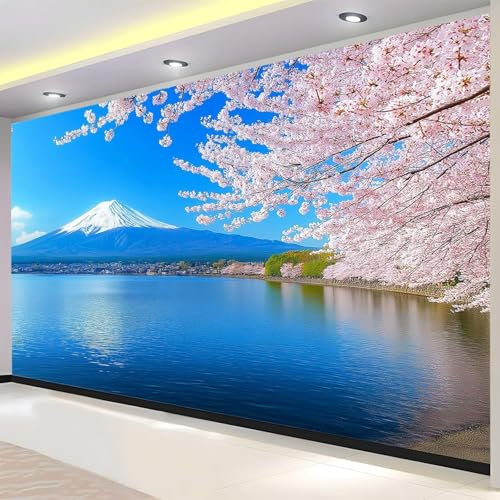 Vlies Fototapete Japanische Landschaft 3D Effekt 350x256 Kirschblüten Am Berg Fuji Foto Tapete Schlafzimmer Wohnzimmer Moderne XXL Wandtapete Groß Vliestapete Fototapeten Poster Wand a.1373