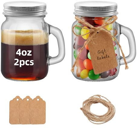 eispap 4 OZ Mini Mason Jar Mugs Mason Jar Mugs with Handles and Lids Small Drinking Glass and DIY Favor Wedding Bridal Shower Party Supplies for Drinks, Gifts, Candles and Crafts 120ML (2)