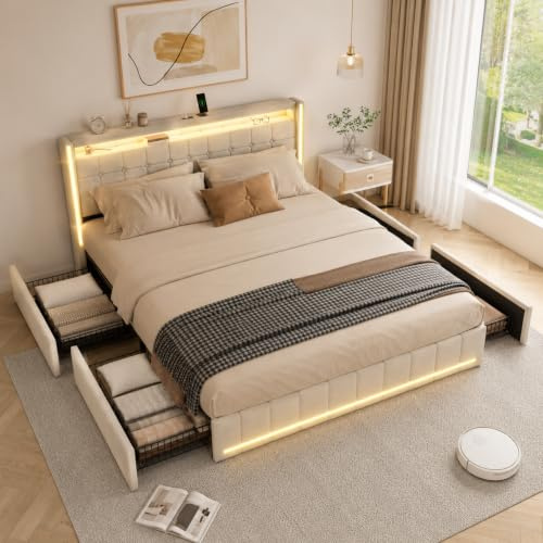 PerGar Doppelbett, 140 x 200 cm, Polsterbett mit 4 Schubladen, Bett mit LED-Bleuchtung und Ladestation, Jugendbett Funktionsbett, Gepolstertes Kopfteil, Leinen, Beige, Ohne Matratze