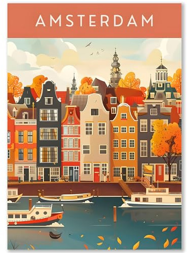 Happymotive Städteposter | Amsterdam Retro Poster Vintage | Schlafzimmer Deko Bild im Hochformat | Bilder Wohnzimmer | Kunstdrucke in DIN A2, DIN A3, DIN A4 300g Papier ohne Rahmen