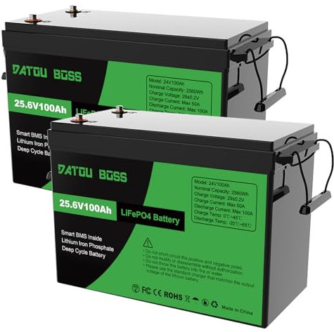 DATOUBOSS 2 * Batterie 24V 100Ah LiFePO4, Batterie Lithium avec BMS 100A, 4000-15000 Cycles Profondes, 2560Wh Energie, Prise en Charge en Connexion Série/Parallèle, pour Camping-Car, Système Solaire