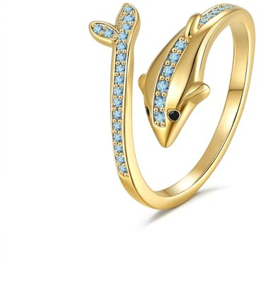 rgwtgkyh Ozeanringe für Damen, verstellbar, offen, Zirkonia, Welle, Hai, Wal, niedlich, zierlich, modisch, Sommer, Strand, Schmuck, Geschenke, Messing, Kein Edelstein