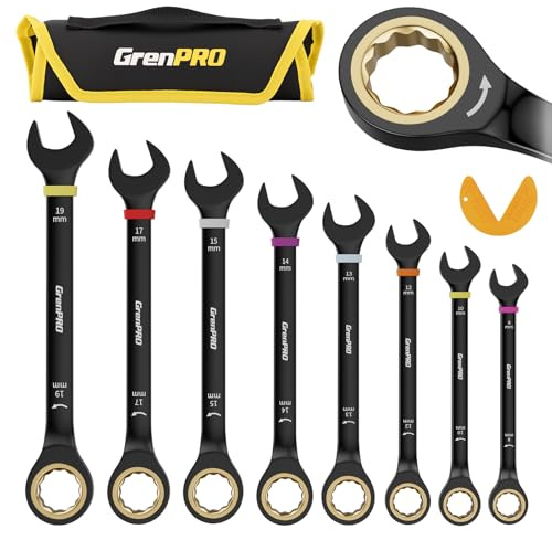 GRENPRO Ratcheting Wrench Set Metric And Standard, 9PC 8-19 mm 72Th Long Big Box Open End Ratchet Wrenches Organizer With Color Ring With Roll Up Pouch With 1 Gauge, Large Combination Wrench Tool Sets