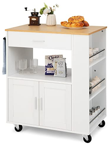 COSTWAY Küchenwagen auf Rollen, Servierwagen mit Arbeitsplatte & Schublade & Handtuchhalter & 3 Gewürzregalen, Kücheninsel Holz, Küchenschrank Rollbar, für Küche, Esszimmer und Bar (Weiß)