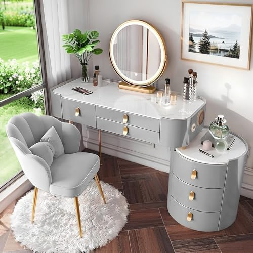 yalmond Kosmetiktisch mit Spiegel und Licht Schminktisch mit 6 Schubladen Massivholz Frisiertisch mit Stuhl, Schminktisch mit Bluetooth -Lautsprecher und Drahtloses Laden (Grau + Gold, 100CM)