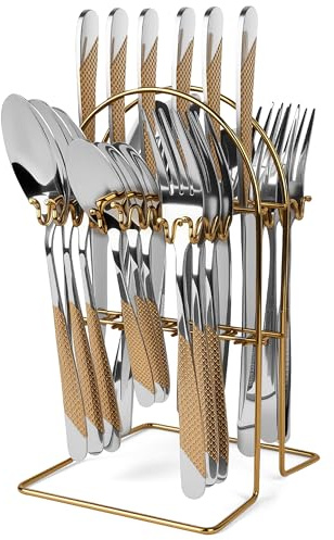 Knife and Fork Sets, 24 Pieces Cutlery Set with Holder, Gilded Silverware Set for 6 People – Includes Knives, Forks, Spoons – Dishwasher Safe, Easy to Clean (Gold Silvery)