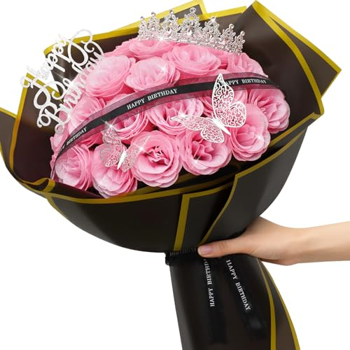 MEIVINES Bouquet di Rose Artificiali Glitterate 24 Pezzi Rose Finte Bouquet di Fiori Finti Glitterati con Corona per Regali San Valentino, Anniversari, Compleanni, Matrimoni, Lauree