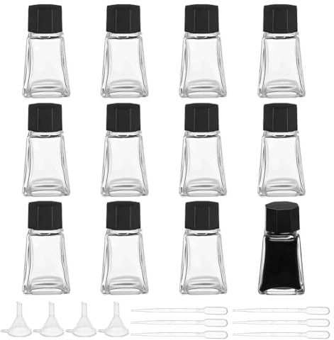 BENECREAT 12 frasco de Tinta de Vidrio Resistente de 3.7x3.7x6.85cm, Botellas de Tinta Vacías Transparentes de 30 ml con Tapas de Plástico, 6 gotero de Plástico Y 4 embudos
