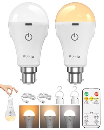 B22 Rechargeable Light Bulb with Remote Control, 3 Color & Dimmable, USB Rechargeable Emergency Light, 2600mAh Battery Up to 24H - No Wiring Needed for Power Cuts, Camping, Stairs(A60, 2 PK)