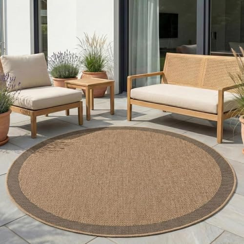 Carpetsale24 Outdoor Teppich Rund 120 cm Beige, Wetterfest Pflegeleicht, Jute Look Teppich für Terrasse Balkon Wohnzimmer, Indoor Outdoor