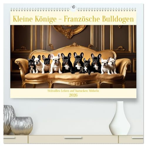 Kleine Könige - Französische Bulldoggen (hochwertiger Premium Wandkalender 2026 DIN A2 quer), Kunstdruck in Hochglanz: Stilvolles Leben auf barocken Möbeln (CALVENDO Tiere)