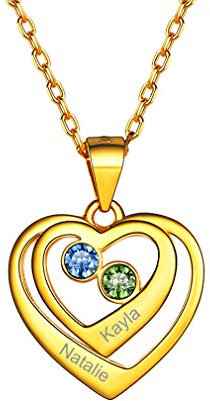 Personalised 2 Name Necklace 18K Gold Plated-Custom Birthday Gifts for Girlfriend Her Wife Partner Sister Bff-Engraving Heart Chain with Birthstone