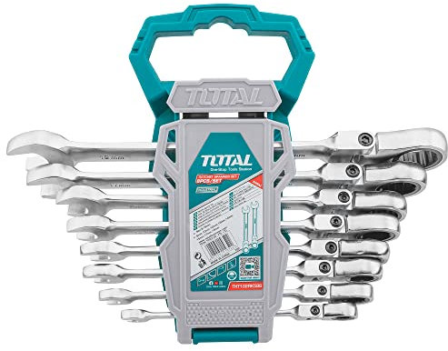TOTAL - Juego de 8 Llaves Combinadas de Carraca y Articuladas - Múltiples Tamaños - Herramienta para Aflojar Tuercas y Tornillos de Cabeza Hexagonal - Cromo Molibdeno