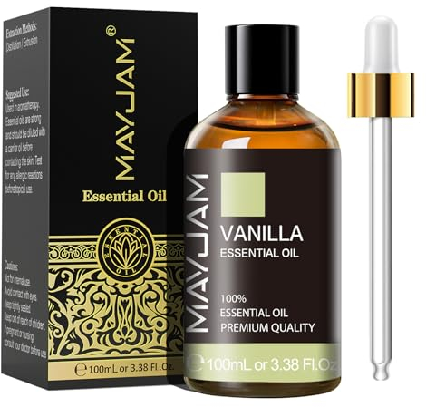 MAYJAM Olio Essenziale Di Vaniglia 100ml, Olio Di Vaniglia Per Diffusori, Umidificatori, Fai Da Te, Casa, Guardaroba