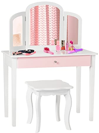 GOPLUS 2 in 1 Kinder Schminktisch, Frisiertisch & Stuhl, Kosmetiktisch mit Abnehmbarem 3-Fach-Spiegel & Schublade, Gepolsterter Hocker, aus Holz, im Landhausstil, Kinderschminktisch für Mädchen (Weiß)