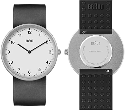 Braun 2-Zeiger-Quarz-Analoguhr, weißes Zifferblatt und graues Silikon-Kautschukarmband mit zusätzlichem schwarzen Silikon-Kautschukarmband, Schnellverschluss-Federstege, 38 mm, Modell BN0281GYBKG.