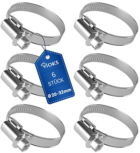 VIOKS Morsetti per tubo della benzina, set di 6 fascette per tubi da 20 – 32 mm, in acciaio inox, morsetti per tubo per lavatrice/tubo, fascette per piscina