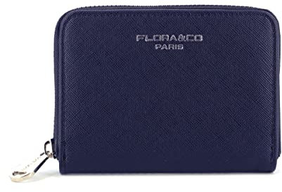 flora & co - Portefeuille Femme Petit Format - Porte-Monnaie Carte Tout-en-Un Court - Similicuir Grainé Zippé - Chic Pratique Léger - Bleu Marine