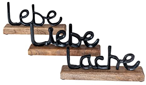 levandeo 3er Set Schriftzug Lache Liebe Lebe L23cm Metall Schwarz Mango Holz Deko Aufsteller Tischdeko Wohndekoration
