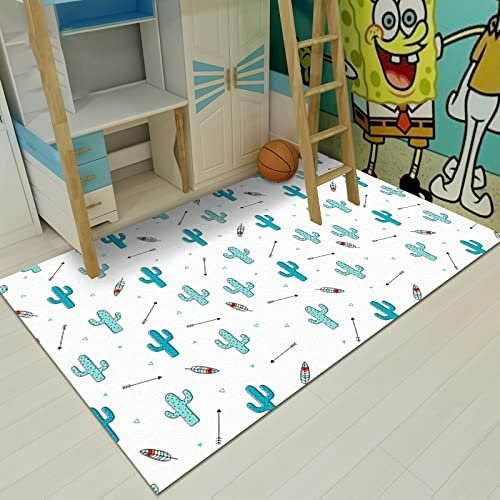 Teppich küchen läufer modern waschbar,Anti-Rutsch-Teppich Mit Weißem, Blauem Kaktus-Doodle-Design deko für Zimmer,deko Wohnung 200x300cm
