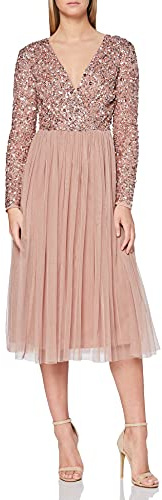 Maya Deluxe Women's Maya Faux Warp Front Embellished Midi Dress Bridesmaid Dress, Pale Mauve, 52