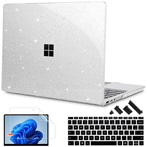 Tuiklol Schutzhülle für 12,4 Zoll Microsoft Surface Laptop Go 3/2/1 2023–2020, Kunststoff-Hartschale mit Displayschutzfolie und Tastaturabdeckung + Staubschutzstecker, Modell 2013/1943, glitzernd klar