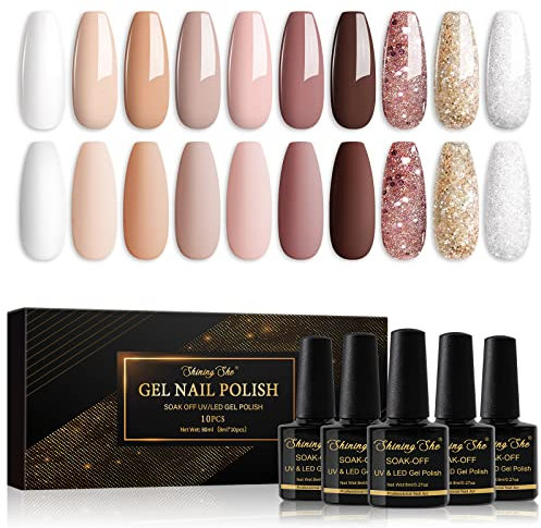 Shining She Gel Nail Polish, 10 Colors Nude Pink White Champagne Brown Glitter Gold Sliver Pastel Gel Polish Set Soak-Off UV/LED Nail Polish Gel for Nail Art Salon DIY Home, 8ML