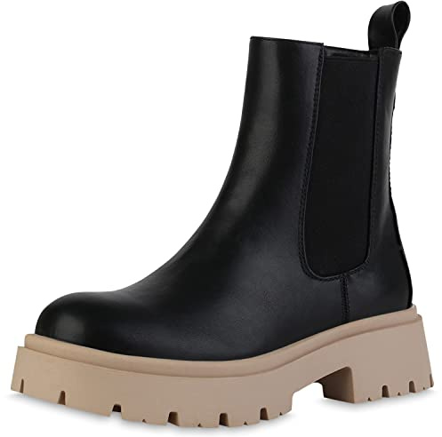 VAN HILL Damen Plateau Boots Stiefeletten Profilsohle Schuhe Blockabsatz Plateauschuhe Freizeit Booties 211967 Schwarz Beige 36