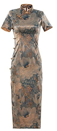 Traditionell Cheongsam För Kvinnor - Temperament Traditionell Kinesisk Stil Satin Cheongsam Vår Sommar Retro Elegant Blommönster Qipao Klänning Kläder, Grå,Xl