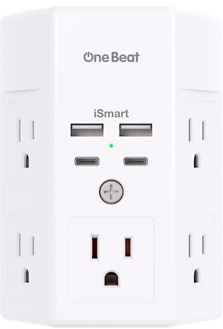 Toma de enchufe múltiple, protector de sobretensiones, extensor de 5 salidas con 4 puertos de carga USB (2 USB C), cargador de pared USB C, toma de corriente de 3 lados 1800J divisor de enchufe de