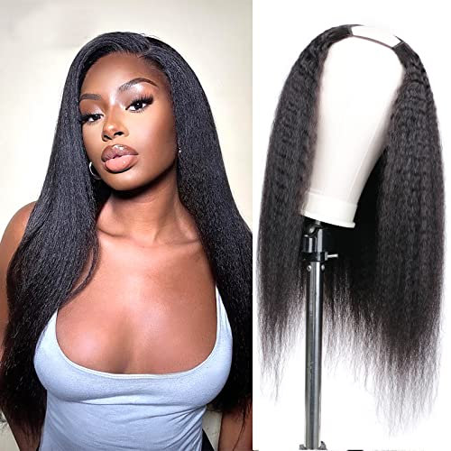 DaiMer U Part Wig Human Hair Kinky Straight Human Hair Wigs,Brazilian Glueless 2x4 Upart Yaki Straight No Sew in No Glue， 150% Density Clip In Half Machine Made Wigs Natural Color 24 inch