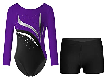 YOOJIA Kinder Mädchen Glitzer Turnanzug Langarm Trikot Leotard Gymnastikbody Tanz Body mit Shorts Kurze Hose Set Wettbewerb Tanzkostüm Lila & Schwarz 146-152