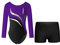 YOOJIA Kinder Mädchen Glitzer Turnanzug Langarm Trikot Leotard Gymnastikbody Tanz Body mit Shorts Kurze Hose Set Wettbewerb Tanzkostüm Lila & Schwarz 146-152