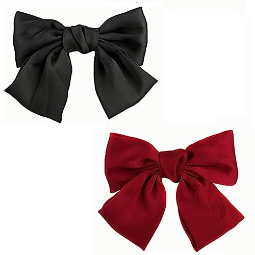SURALIN 2 Pièces Noeud Cheveux Grand Arc Pinces Doux Soyeux Satin Longue Queue Français Épingles (Noir + Rouge)