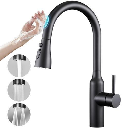 CREA Touch Sensor Wasserhahn Armatur Küche ausziehbar, Küchenarmatur mit Brause drei Wasserstrahlarten, Hochdruck Einhebelmischer Spültischarmatur 360° Schwenkbar aus Edelstahl, schwarz matt