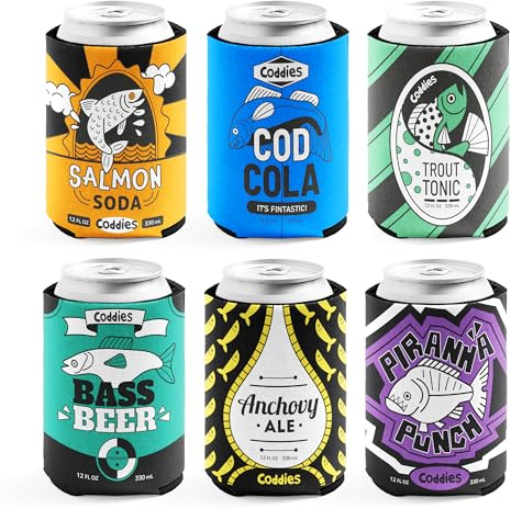 Coddies Juego de enfriadores de latas de cerveza (paquete de 6) – Divertidos enfriadores de latas para pescadores – Soportes antideslizantes aislantes de neopreno – Se adapta a latas y botellas