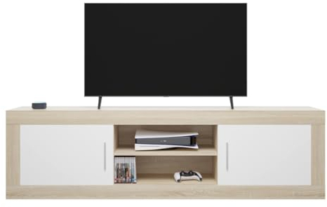 Homey - Mueble de TV Moderno Modelo Omabella, 2 Compartimentos de Almacenamiento y 2 Puertas, Color Cambria - Blanco, Medidas: 50cm (Alto) x 180cm (Ancho) x 41,4cm (Fondo)