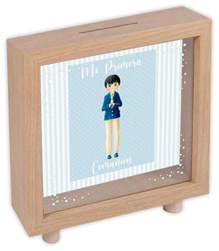 Acan Tradineur - Hucha de Primera Comunión, Madera y Cristal Estampado, Personalizable con Foto de 13,3 x 13,3 cm, Regalo Orignal, 16,5 x 15 x 5 cm (Color Madera - Niño)