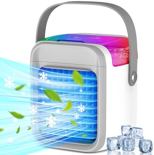 Mini ventilador de aire acondicionado portátil recargable por USB con 7 tipos de luces y 3 velocidades de viento, unidad de aire acondicionado 3 en 1 portátil con fuertes vientos fríos, enfriador de