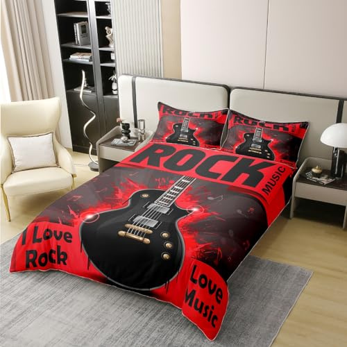 Castle Fairy Full Size Duvet Cover Set Rock Music Comforter Cover Set 100% Pure Cotton Electric Guitar Duvet Cover Set Modern Fashion Black Red Bedding Set 3 Pcs
