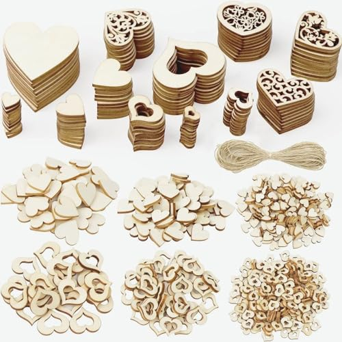TOKERD 510 Stück Klein Holzherzen für Basteln Hochzeit Deko, Holz Herzen Scheiben Naturholzscheiben Gemischt Größen Holzscheiben Herz für Tischdeko Bilderrahmen Deko DIY Handwerk Verzierungen