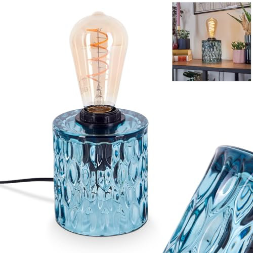 Tischleuchte Sonhim, Tischlampe aus Glas/Metall in Blau/Schwarz, Leuchte im modernen Vintage/Retro-Design mit Schirm aus Glas (Ø 11 cm) u. An/-Auschalter am Kabel, 1 x E27, ohne Leuchtmittel
