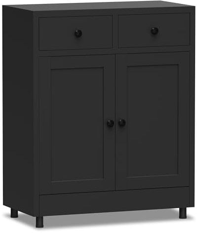 JINKUR Metal Storage Cupboard with 2 Drawers and Adjustable Shelf, Sideboard Buffet Cabinet for Home, Office, Hallway, Entryway, Living Room, Kitchen Pantry and Dining Room (Black)