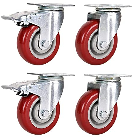 TEmkin Lenkrollen mit Schwenkplatte, 4 Lenkrollen, 75 mm, 3 Zoll, 400 kg, Schwenkplatte, Industrierollen, geräuschloses Polyurethan mit Bremse (4 Zoll, 2 Bremsen + 2 Schwenkgelenke, FF)