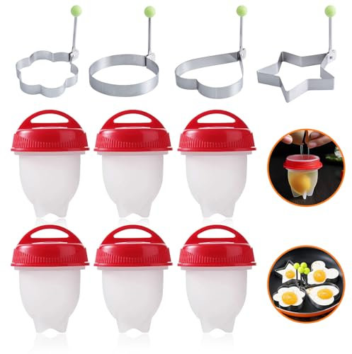 6 Piezas Silicona Cocedor de Huevos, Recipiente para Cocer, Caldera De Silicona con 4 Molde, Cazador Furtivo Antiadherente para Hogar y Restaurante