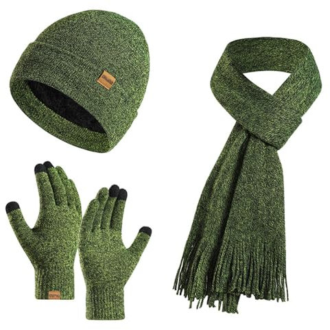 Enwokran Wintermütze Touchscreen Handschuhe Lang Schal Set Unisex Beanie Mütze Fleece Warme Haube Winterschal Kaschmir Strickmütze Strickschal mit Fleece Gefütterte Thermo Handschuhe (Armeegrün)